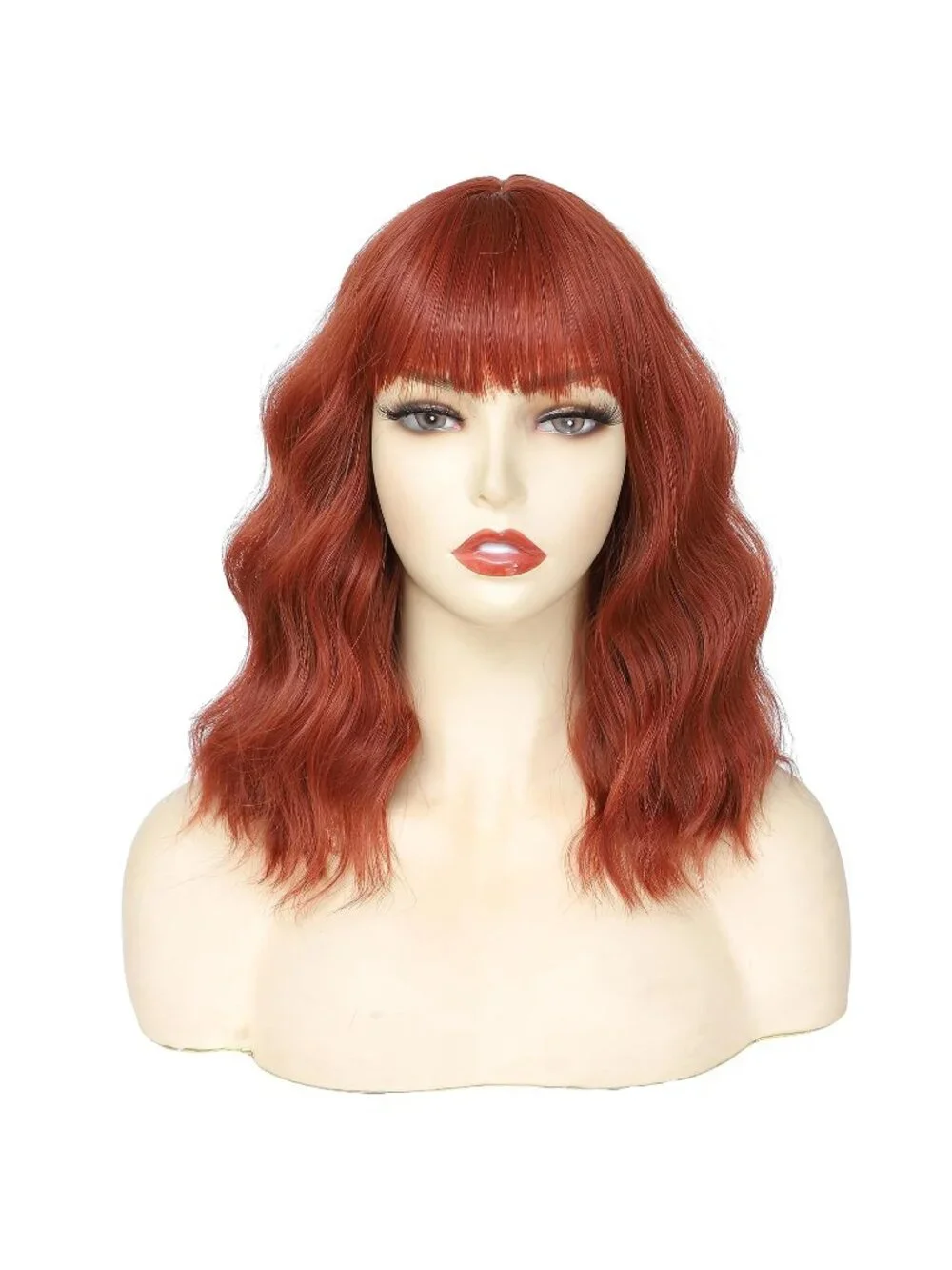 Women's Reddish Brown 14 Inch Heat Resistant Short Wavy Hair Pastel Bob Wig Bang